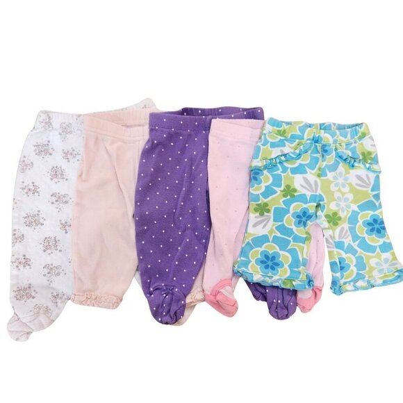 BUNDLE (5) Baby Girl Pants Footies Pink Purple Clothing Bundle NB 0-3 Months - Picture 1 of 13